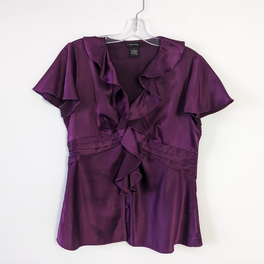 Spense Women's Ruffle Front Blouse Deep Purple Satin Finish - S